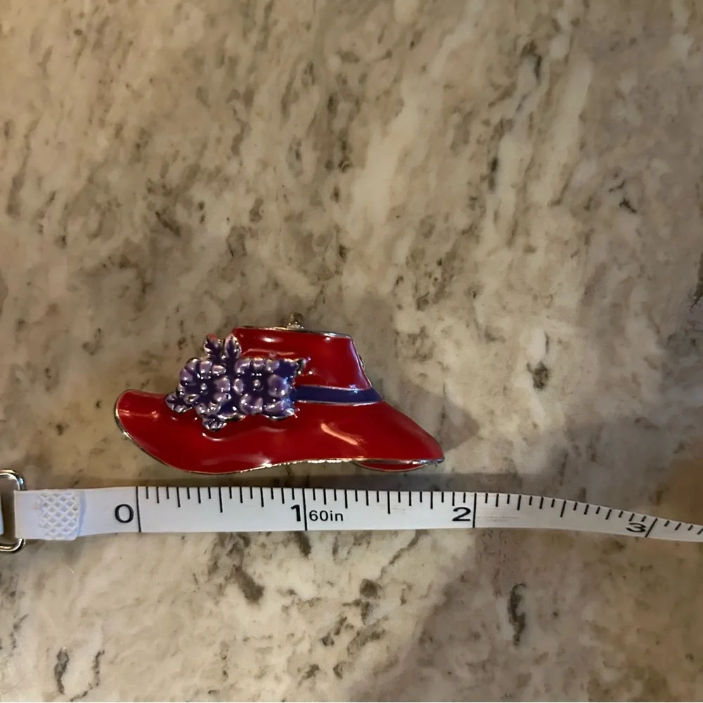 Vintage Red Hat Purple Floral Ribbon Enamel Pin Brooch Pendant Gold Tone